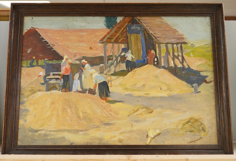 Boris Spornikov (Ukrainian, 1930-2005), Rural scene with figures at work, signed, oil on board, 34 x 49cm